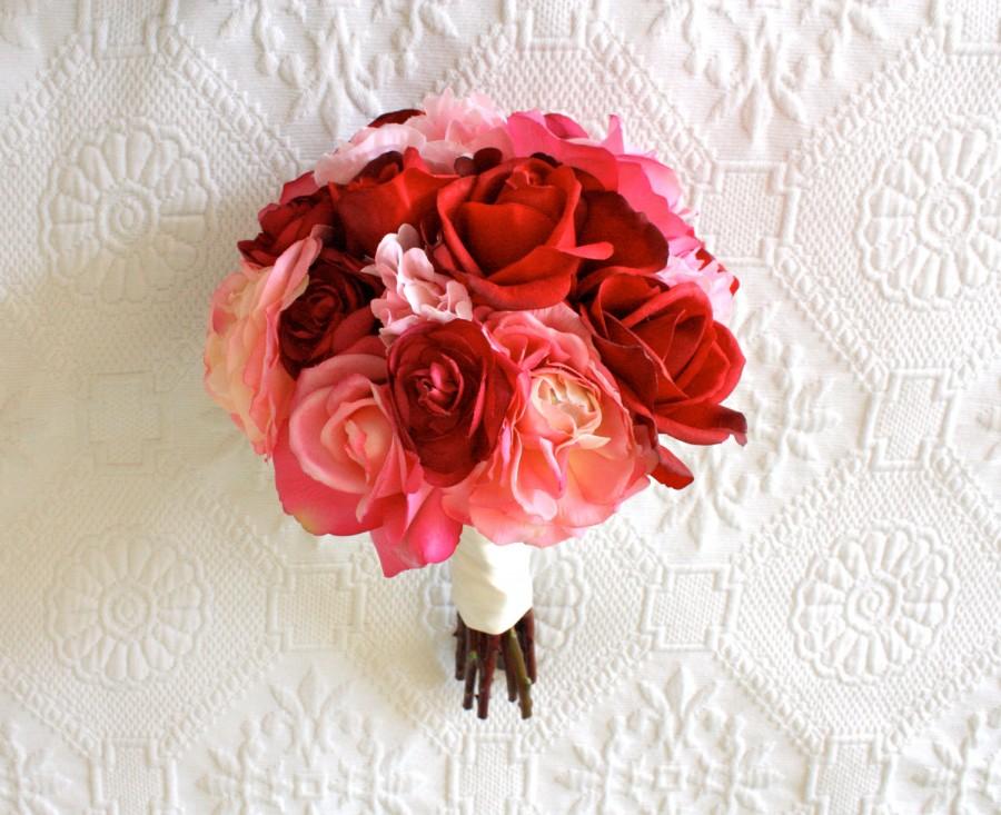 زفاف - Roses, Ranunculus, Peonies Wedding Bouquet in LIght Pink, Hot Pink, Fuchsia, Red (Real Touch and Artificial Silk Flowers Bouquet)