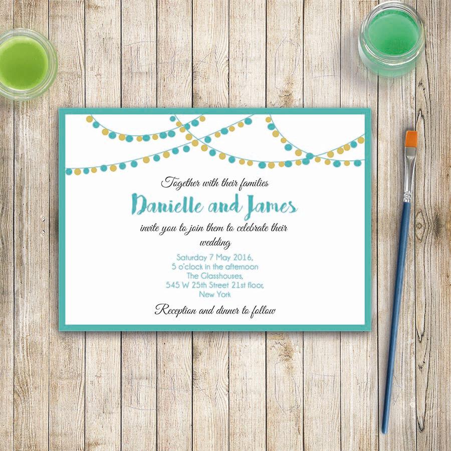 Hochzeit - Wedding invitation template / Gold and turquoise light string invitation / Elegant wedding printable template