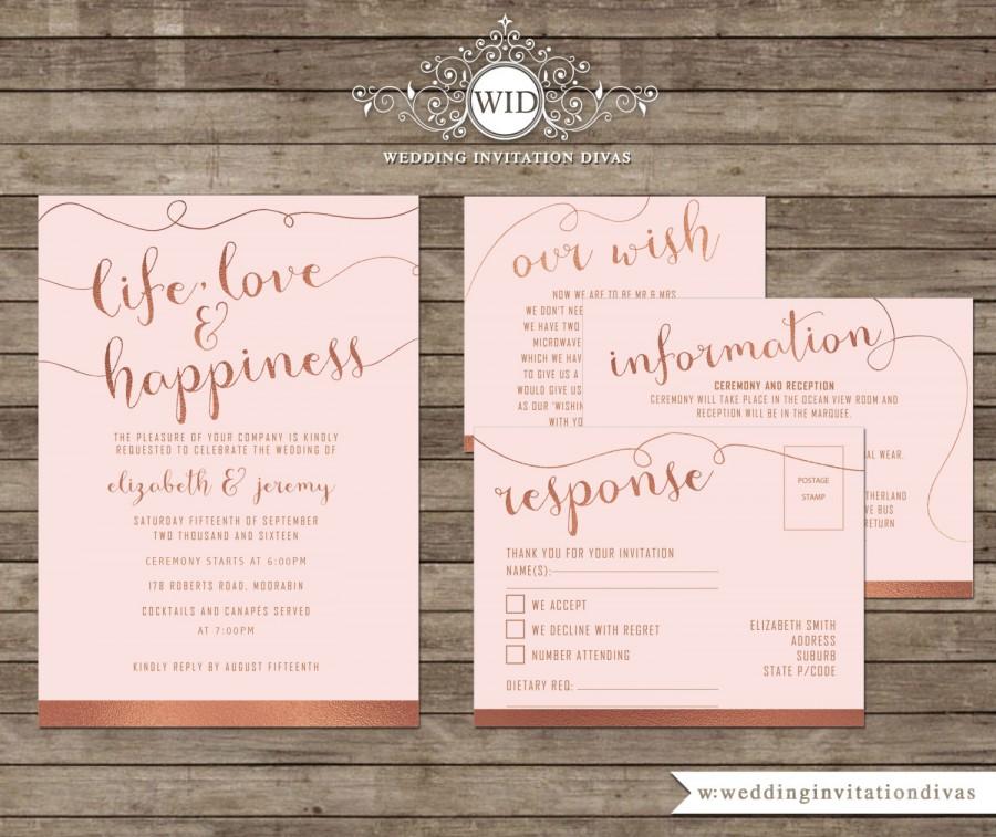 Wedding - Wedding Invitation Printable Template Set, Rose Gold Foil & Roses Quartz Scripted Unique Invite