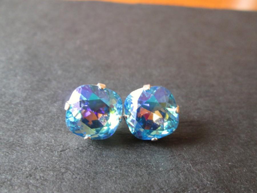 زفاف - Aqua Shimmer Swarovski Crystal Earrings/Swarovski Crystal Studs/ Swarovski Earrings/ Square Crystal Studs/ Bridesmaid Earrings/ Bridal
