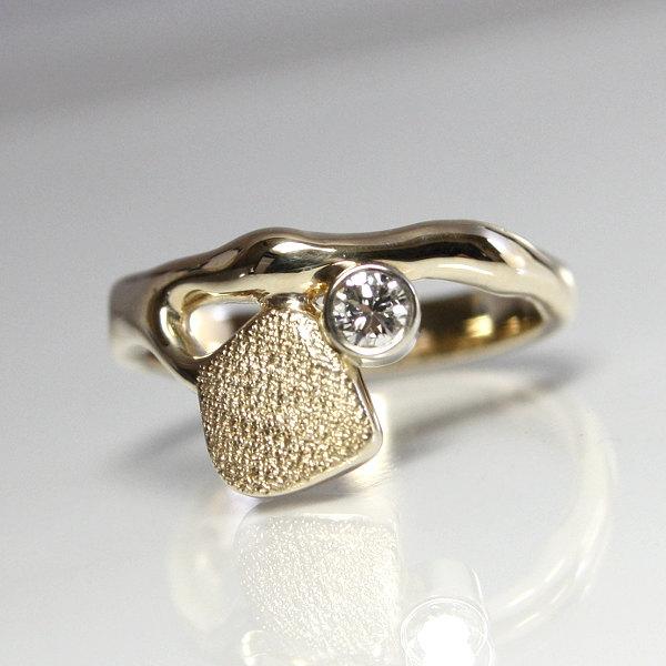 Wedding - Aspen Leaf Diamond Engagement Ring 14K Yellow Gold Size 7 Bezel Set With One .17 Carat Round Brilliant Diamond Nature Inspired Wedding Ring