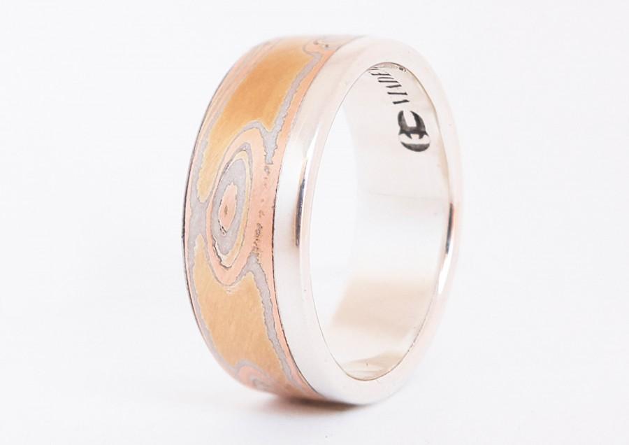 Hochzeit - Mokume Gane  Ring 9K Yellow Gold Rose Gold and Silver - Brushed Finish - Raindrop Pattern - Wedding Ring - Inner inlay Silver Sterling