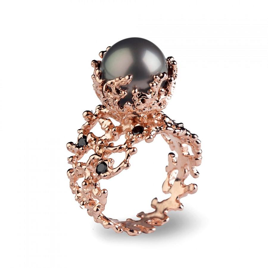 Mariage - CORAL Tahitian Pearl Ring, Tahitian Pearl Engagement Ring, Black Diamond Engagement Ring, Rose Gold Engagement Ring, Black Diamond Ring