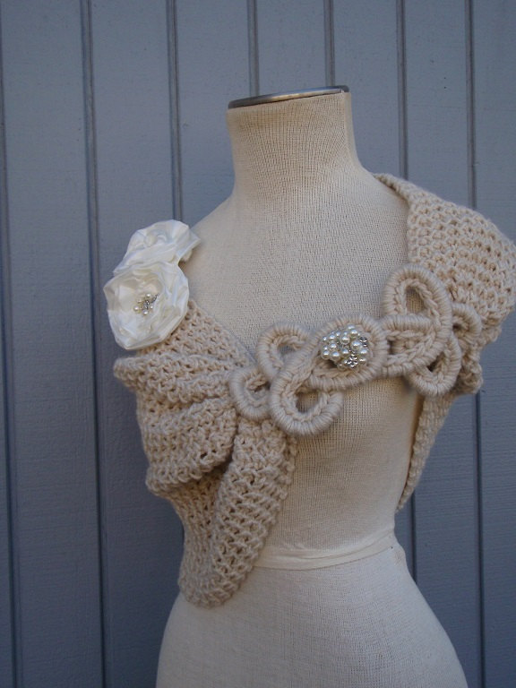 Hochzeit - Shawl, bridal shawl, wedding shawl, bolero jacket, handmade flowers, knit shawl, crochet shawl, womens gift, bridesmaid gift