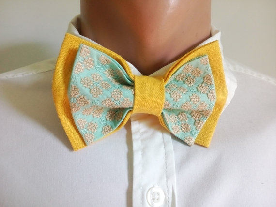 Wedding - Mens Bow tie Embroidered Yellow Mint Bowtie Floral Design
