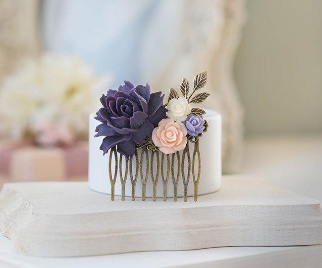 Hochzeit - Purple and Pink Wedding Hair Accessory, Bridal Hair Comb, Bridesmaid Gift, Purple Peony Blush Pink Ivory Lavender Rose Leaf Collage Comb