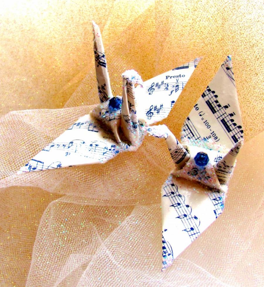 Свадьба - Sheet Music Score Peace Crane Bird, Wedding Cake Topper, Party Favor Origami Christmas Ornament Japanese Paper Anniversary  Navy Blue Ivory
