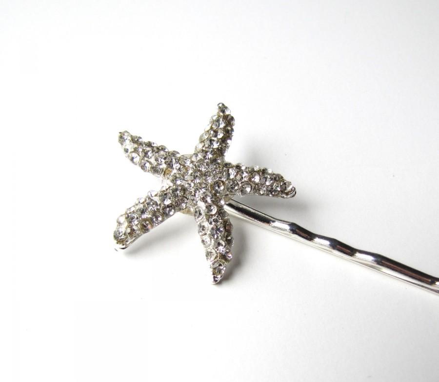 Wedding - Crystal Starfish Bobby Pin, Beach Wedding Silver Diamante Hair Pin Clip