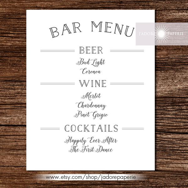 Mariage - Bar Menu, Liquor Menu, Cocktail Menu, Wedding Bar Menu, Printable Bar Menu, Wedding Bar Menu Sign, Elegant Bar Menu, jadorepaperie