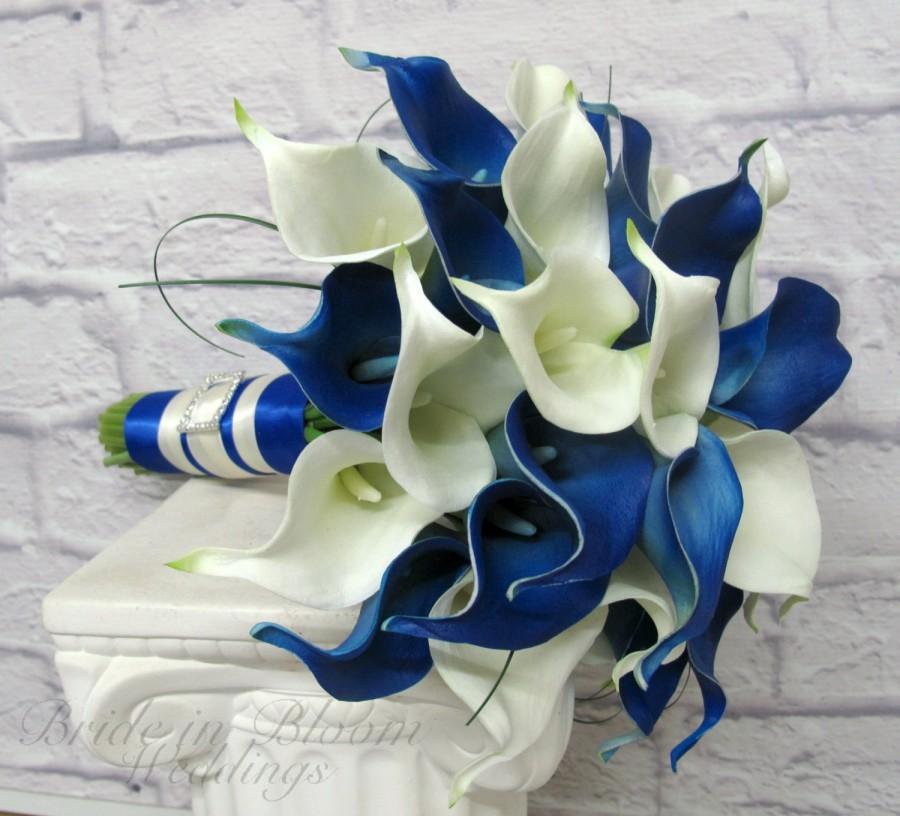 Bridal bouquet w/Brooches&Feather-Royal Blue,White ribbon,Real touch calla lily 