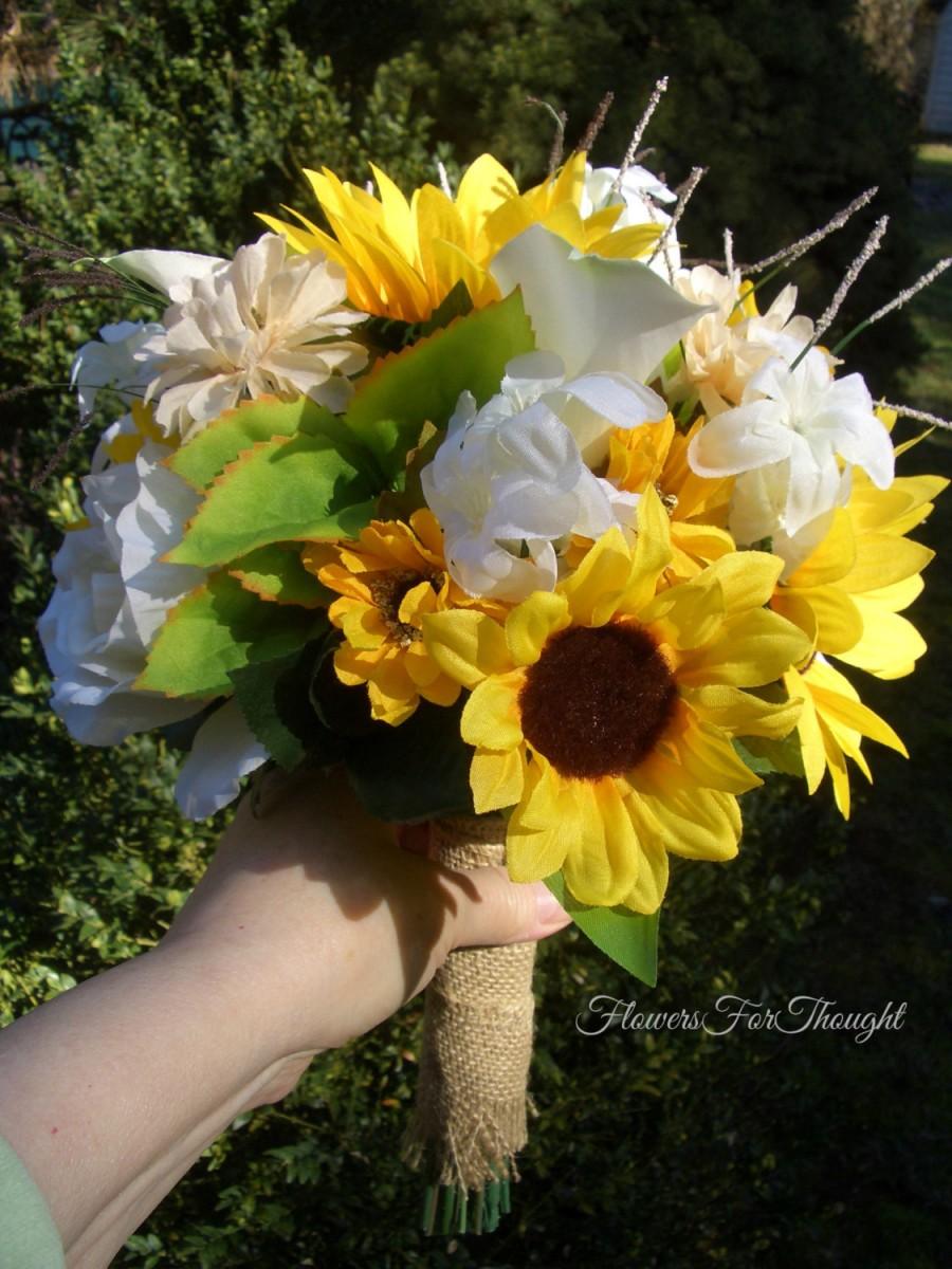 Свадьба - Bride Bouquet, Sunflower Wedding, Burlap Wrap Sunflower Silk Calla Bridal Bouquet, Rustic Woodland Wedding, FFT original, Made to Order