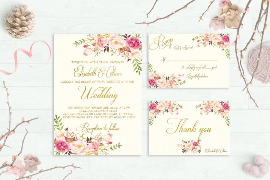 Свадьба - Floral Wedding Invitation Printable Boho Chic Wedding Invitation Suite Bohemian Wedding Invite Gold Foil Typography Spring / Summer Wedding