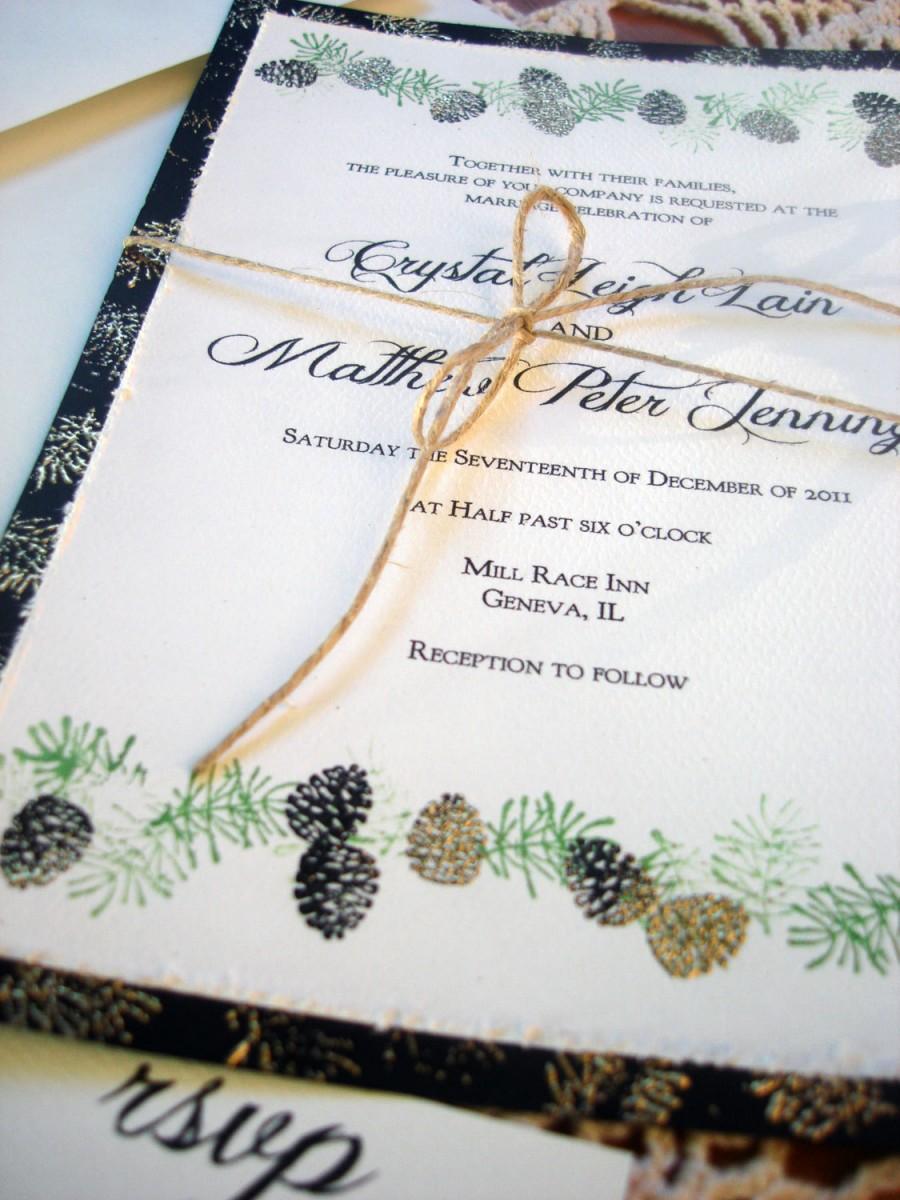 Hochzeit - Pine Cone Winter Wedding Invitations hand stamped and embossed