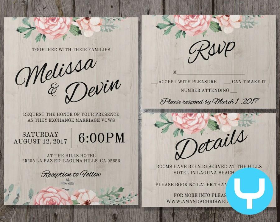 Hochzeit - Printable Floral Wedding Invitation Kit Templates + RSVP, Details - Instant Download - Editable in Our Web Application