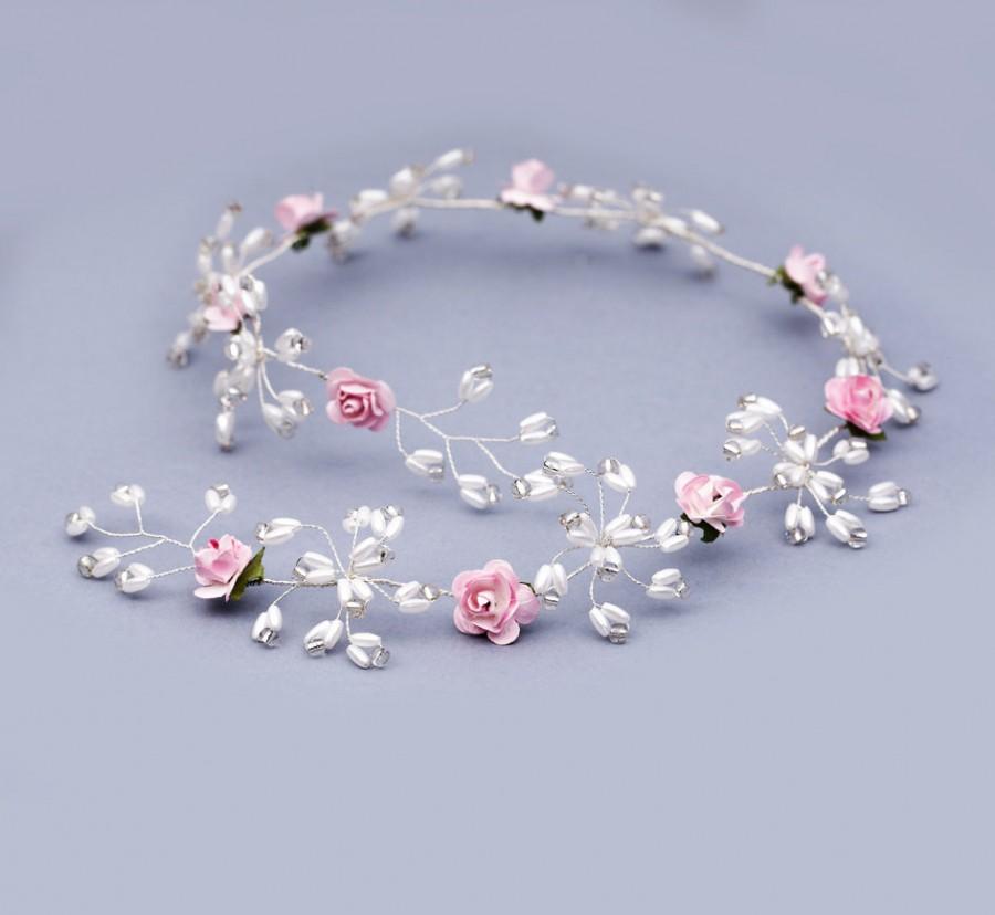 Wedding - Flower crown pink, Pearl bridal vine, hair vine, flower halo vine, rose bridal crown