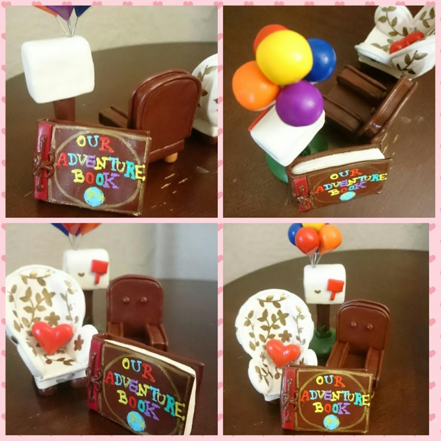 زفاف - Disney UP Movie Wedding Cake Topper - CUSTOM Made Carl & Ellie's Chairs, Personalized Mail Box with Balloons, Our Adventure Book