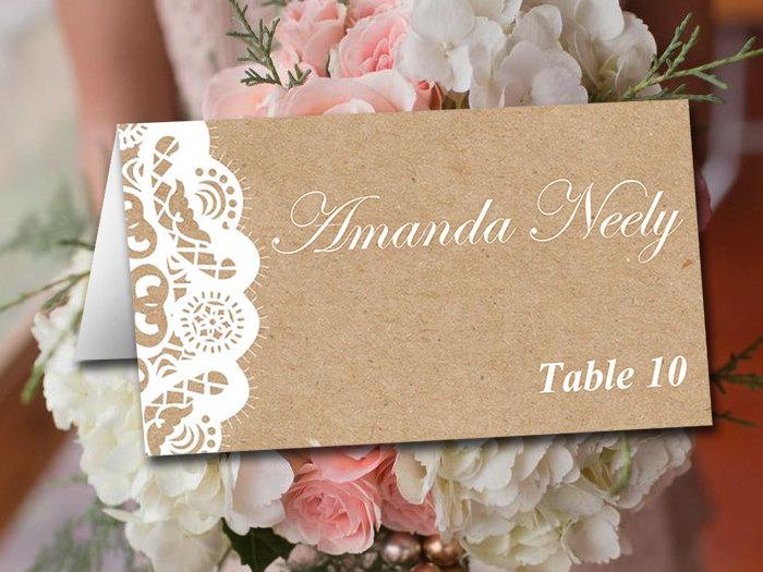 Mariage - Fold Over Wedding Place Card Template - Kraft Escort Card -  Vintage Lace Place Cards - Kraft Wedding Table Cards - Rustic Name Cards
