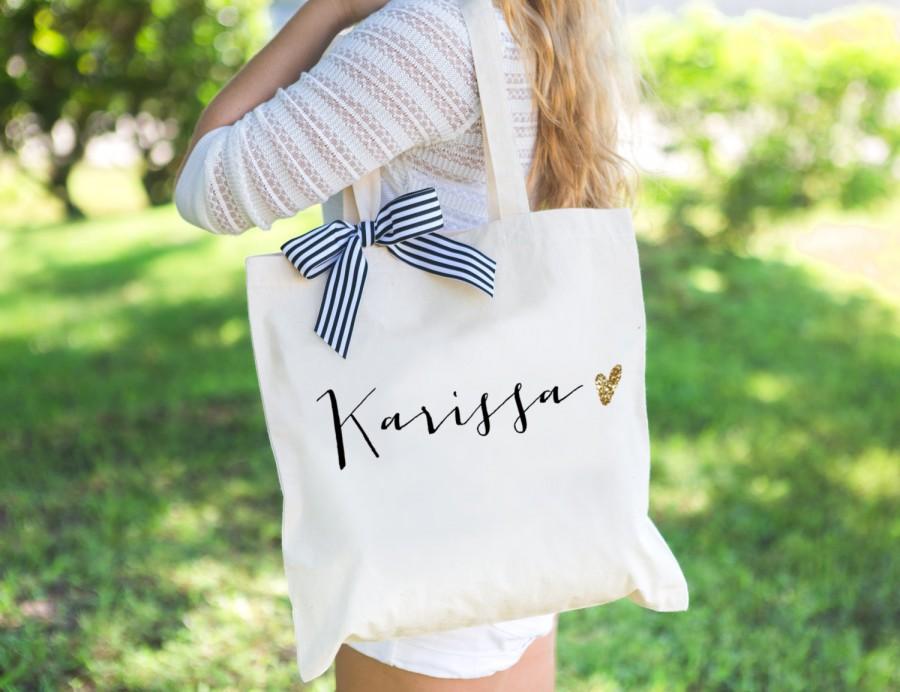 زفاف - Personalized Bag Gift for Bridesmaids, Canvas Tote Striped Ribbon Gift for Wedding Bridal Party, Birthday or Holiday Gift (Item - BPB300)