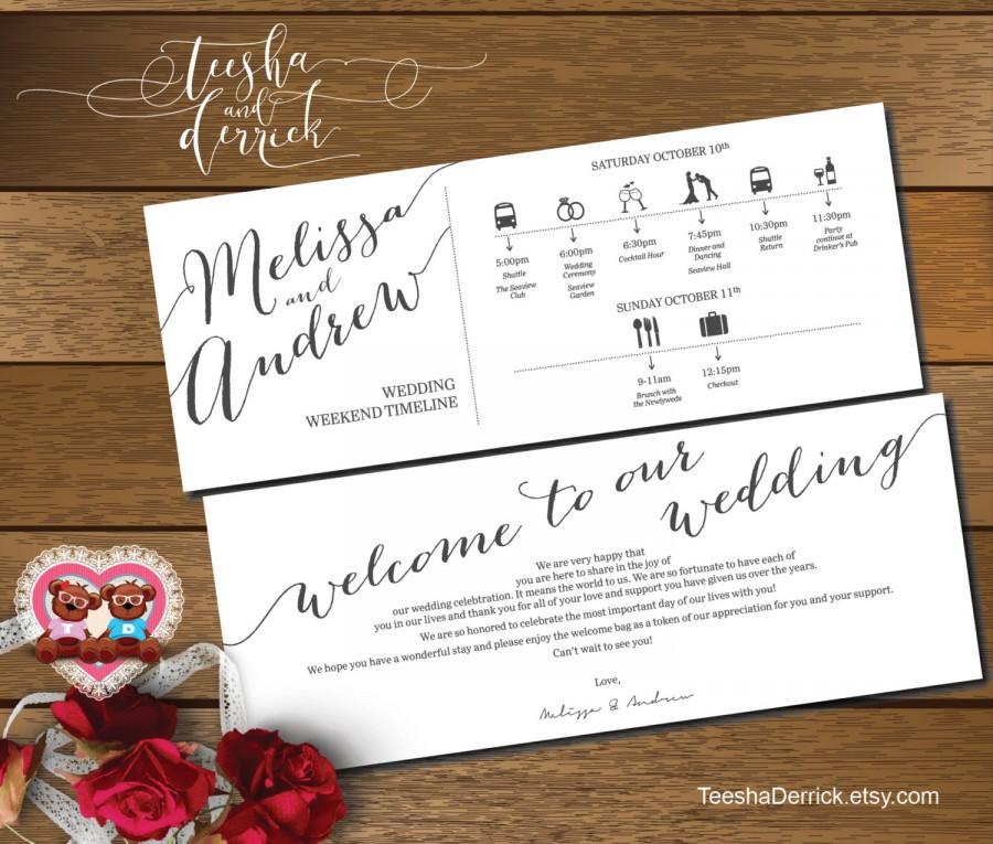 Свадьба - Printable Wedding Weekend Timeline (t0100) Wedding Itineraries, with welcome note for Welcome Bags  in typography theme theme