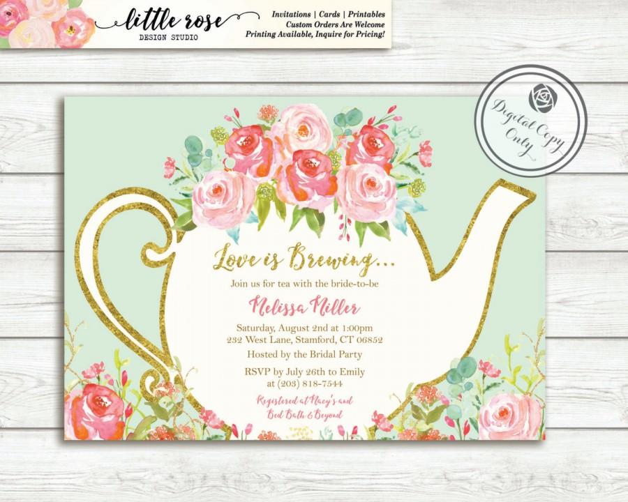 Hochzeit - Love is Brewing Bridal Shower Invitation - Garden Tea Party - High Tea Invite - Bridal Tea - Wedding Shower - Printable - LR1050