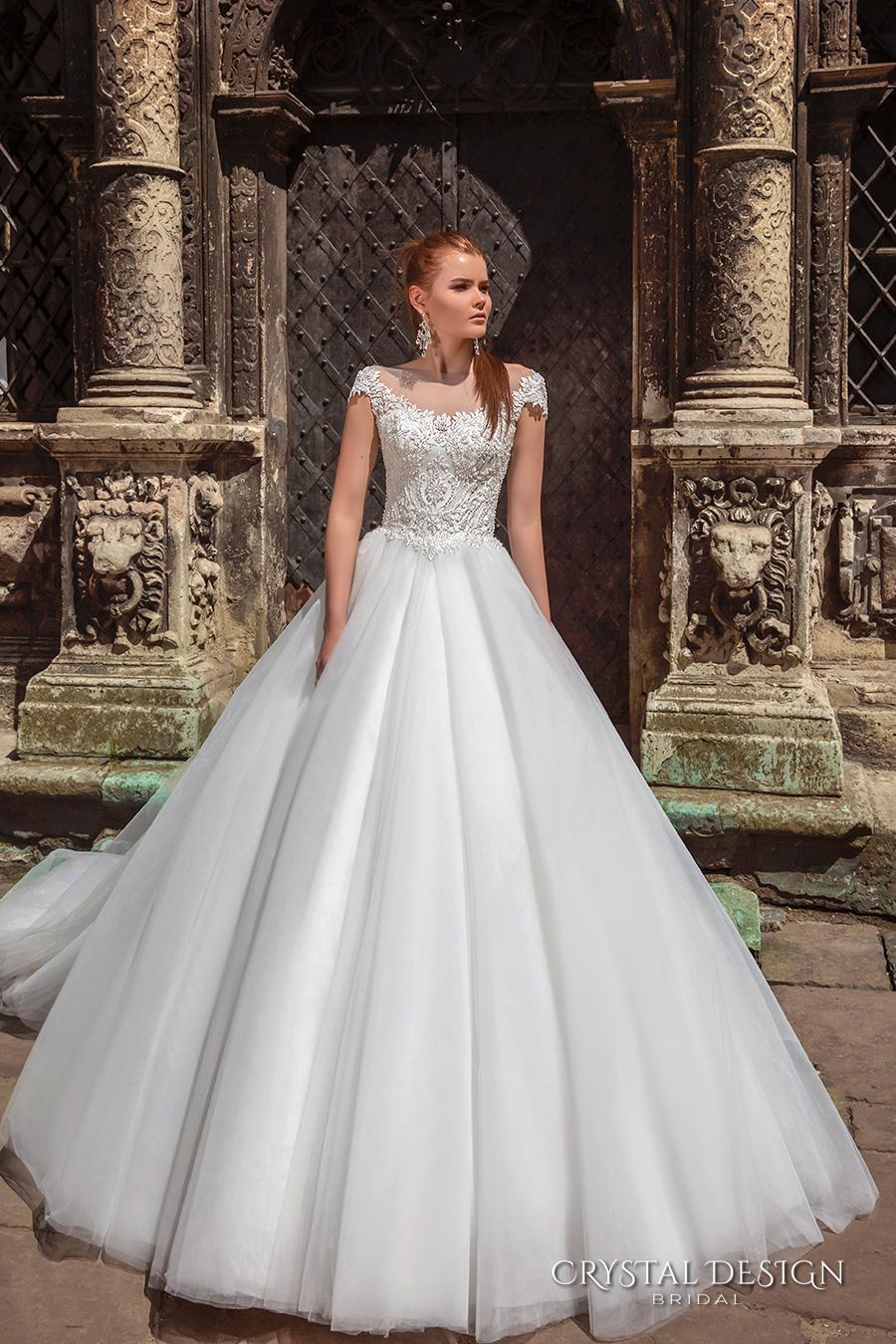 New Arrival Sheer Neck V Back Crystal Design 2016 Wedding Dresses Tulle Applique Lace Luxury