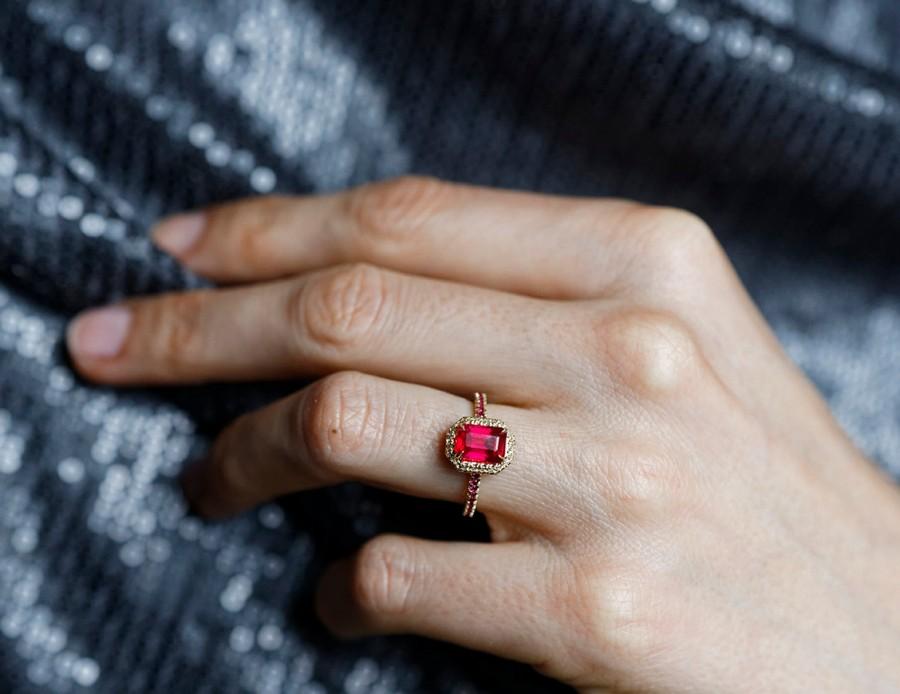 زفاف - Ruby Engagement Ring, Halo Ruby Ring, Ruby Diamond Ring, Unique Ruby Ring, Pave Ruby Ring,