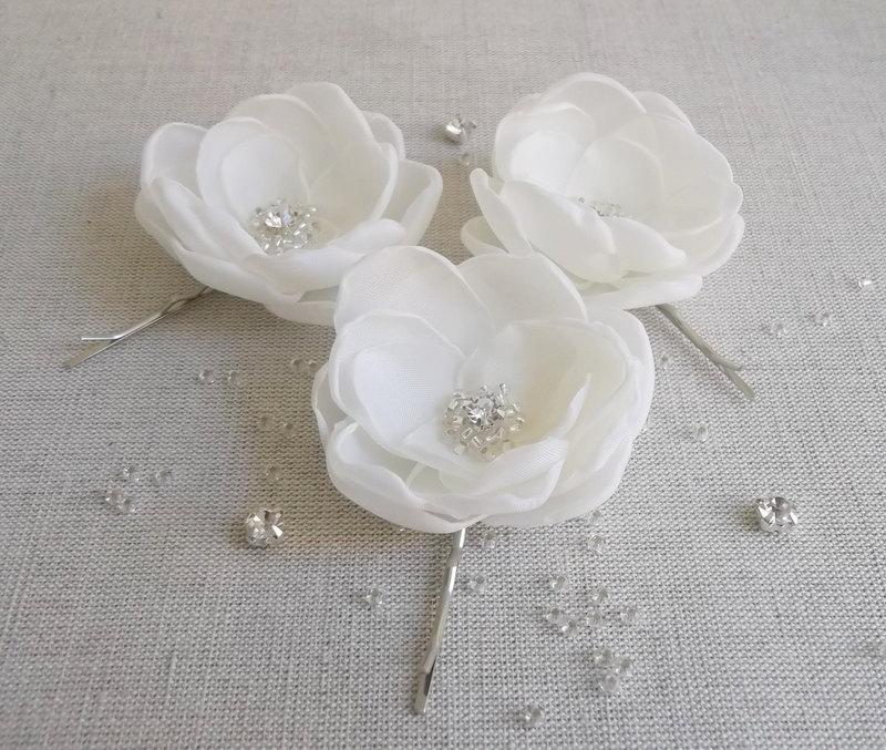 Mariage - Ivory Cream fabric flowers in handmade Bridal Bridesmaids hair dress sash accessories ornaments clip bobby pin Wedding Flower Girls gift set