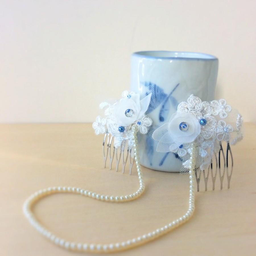 Mariage - Something Blue Bridal Hair Chain, Double Hair Combs, Draping Head Chain, 1920s or Downton Abbey Wedding, wedding Hair Piece