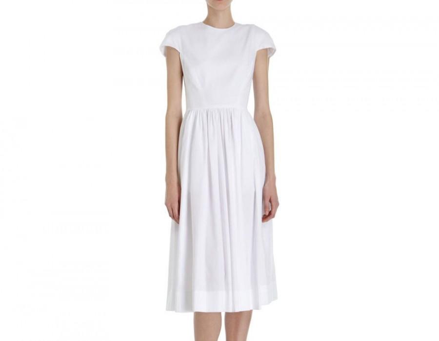 Mariage - White cotton midi wedding dress. Custom wedding dress. Modern ladylike wedding dress.