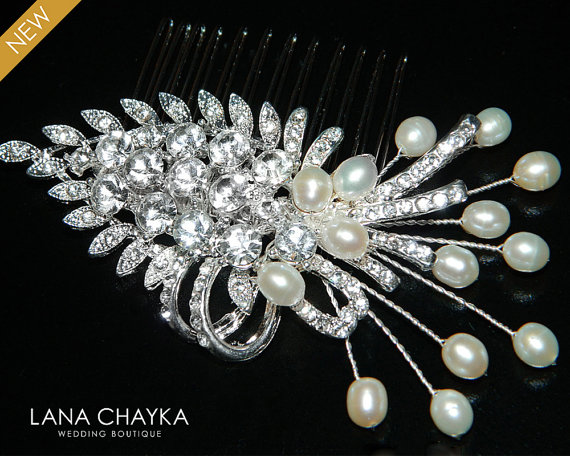Wedding - Crystal Pearl Wedding Hair Comb Bridal Rhinestone Hair Comb Crystal Pearl Hair Jewelry Wedding Floral Headpiece Bridal Pearl Crystal Comb