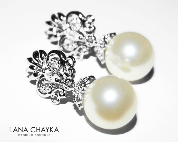 Wedding - Ivory Pearl Bridal Earrings Drop Pearl CZ Wedding Earrings Swarovski 10mm Pearl Earrings Wedding Pearl Jewelry Bridal Jewelry Pearl Earrings