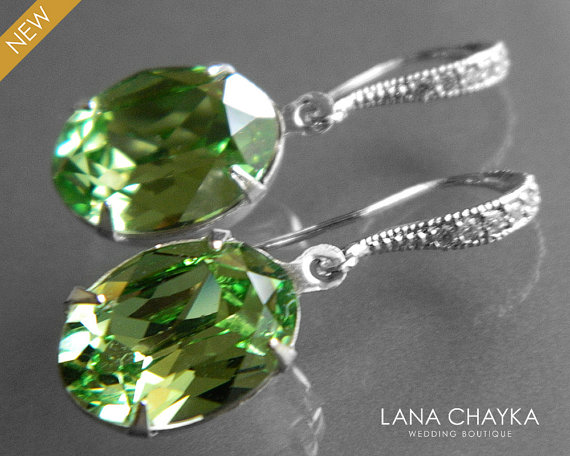 Hochzeit - Peridot Green Oval Crystal Earrings Swarovski Rhinestone Green Earrings Apple Green Crystal Dangle Earrings Wedding Bridesmaids Jewelry