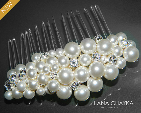 زفاف - White Pearl Crystal Bridal Hair Comb Swarovski Pearl Hair Comb Wedding White Pearl Combs Pearl Headpiece Bridal Pearl Crystal Hair Jewelry