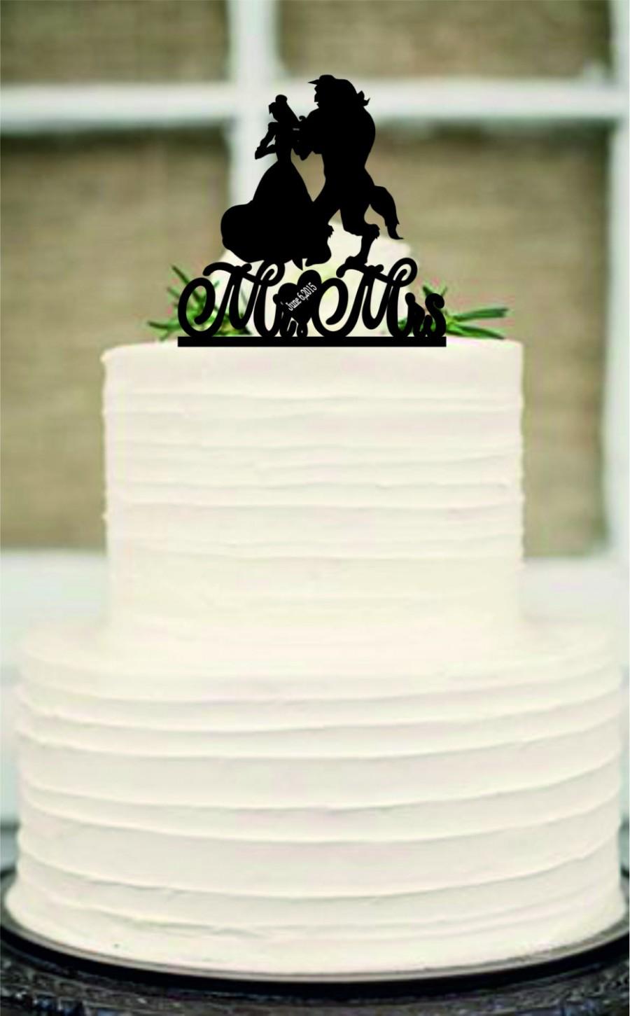 Wedding - silhouette wedding cake topper, Unique wedding cake topper with heart decor, disney cake topper, beauty and the beast wedding cake topper,