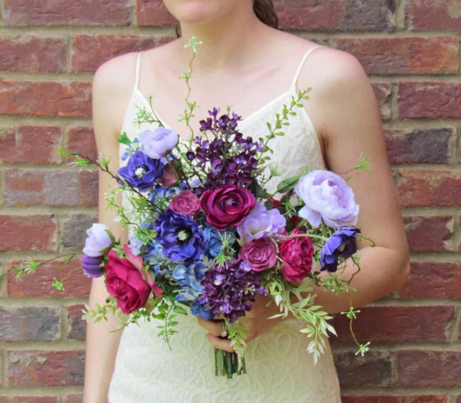 Hochzeit - Purple & Magenta Garden Bouquet with matching Boutonniere....Ready to Ship