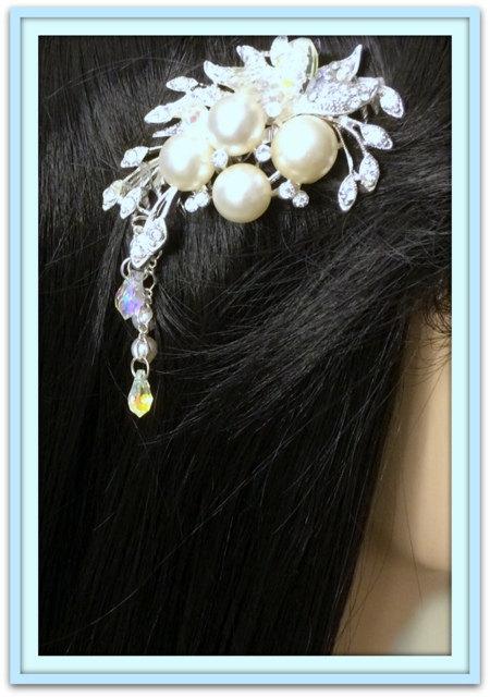 زفاف - Bridal Hair Comb, Large White Pearls, Brilliant Swarovski AB Dangling Crystals, Finely Detailed Rhinestone Accents