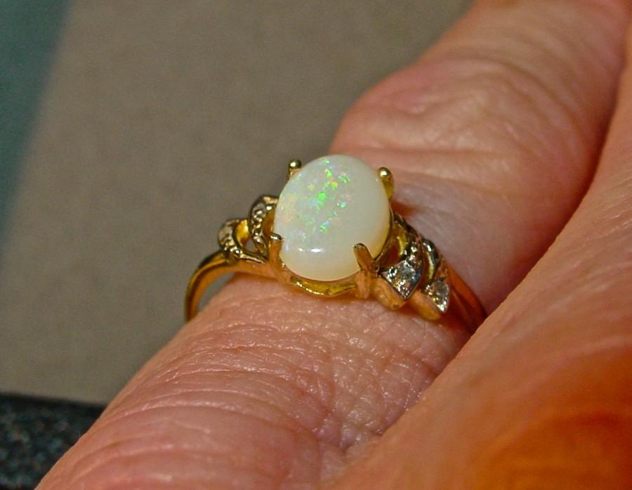 Свадьба - Opal & Diamond ring.10K Solid Gold. Large Genuine Solid White opal.Vintage ring.Lovely Vintage Engagement Ring, Wedding Ring, Cocktail ring