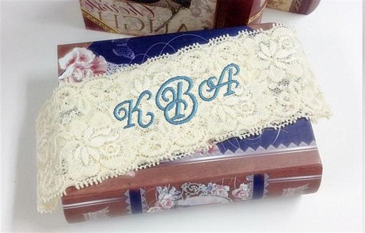 Mariage - Bride's Garter, Personalized, Custom, Embroidered Monogram Lace Garter