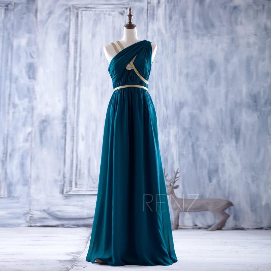 زفاف - 2016 Peacock Bridesmaid dress with Gold Belt, Long Chiffon Wedding dress, One Shoulder Hollow Formal dress Prom dress floor length (Z042)