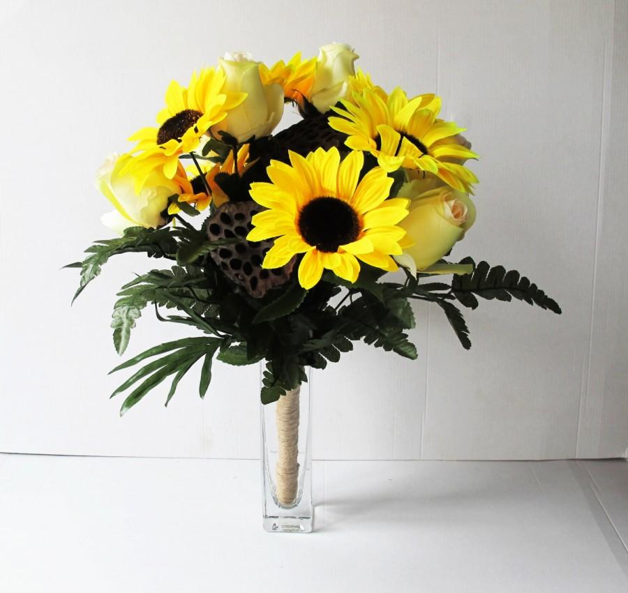 Свадьба - Yellow Silk Sunflowers Soft Green Roses Bouquet Brown Lotus Flowers Bouquet Wedding Bouquets Artificial Flowers Country Rustic Flowers
