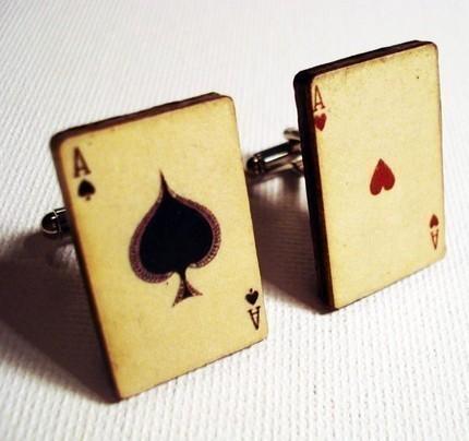 Mariage - Cufflinks, Poker, Ace of Spades and Ace of Hearts vintage style playing cards on silver cufflinks in gift box