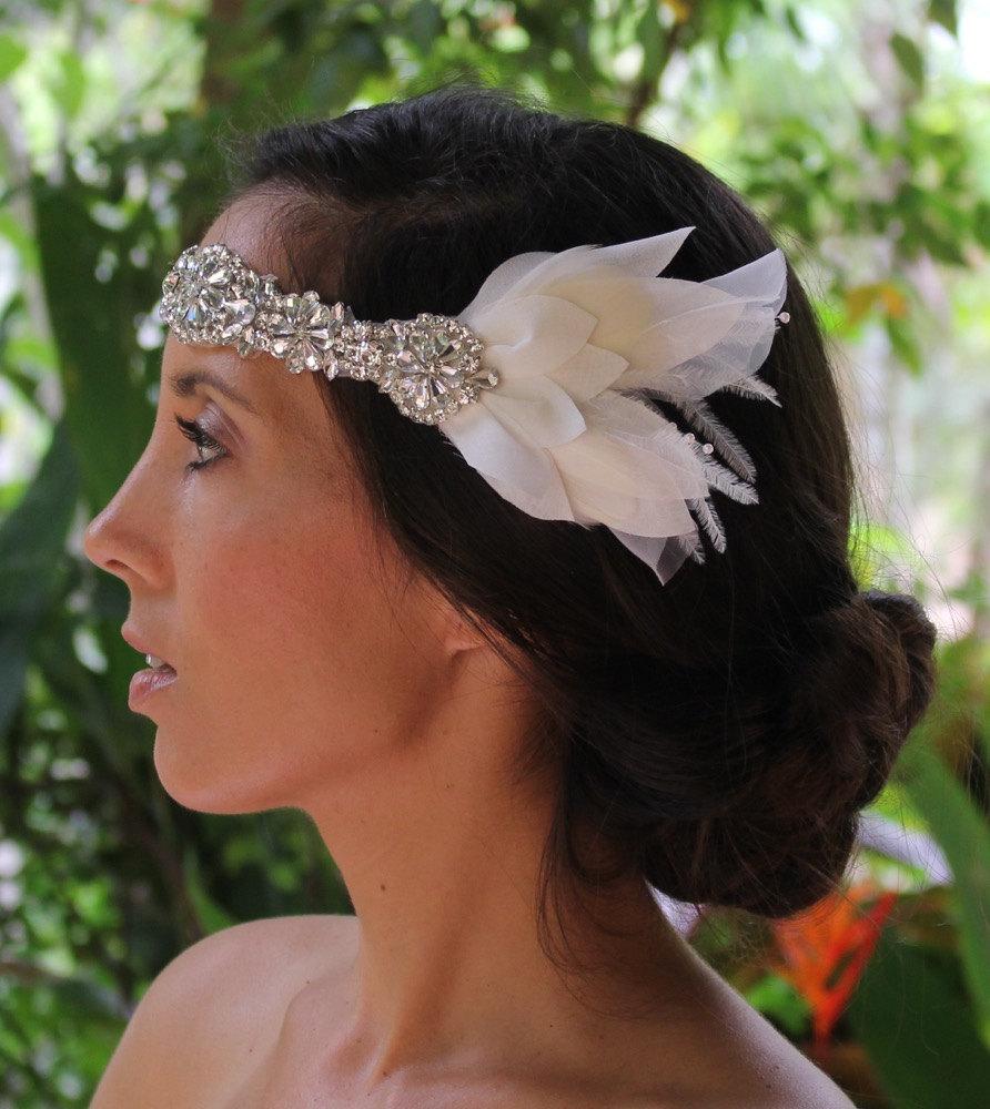 Hochzeit - Crystal Bridal Headband, Boho Crystal Headpiece,  Feather Headpiece, Vintage bridal Headband,
