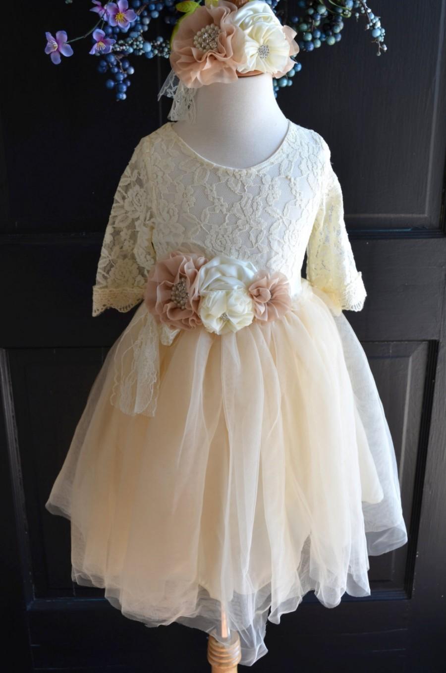 Wedding - Ivory Flower girl Tutu dress headband set, Girls Beige Champagne  Tulle Skirt , Ivory lace Skirt blouse set,  rustic flower girl