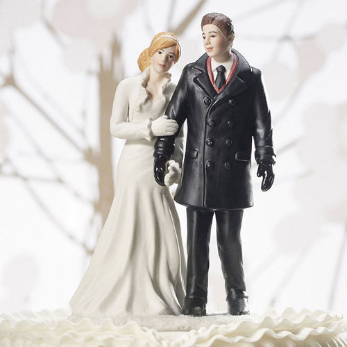 Mariage - Winter Wonderland Lovers Bride and Groom Snow Wedding Cake Toppers Frigid Cold  Weather Couple Romantic Porcelain Hand Painted Figurines
