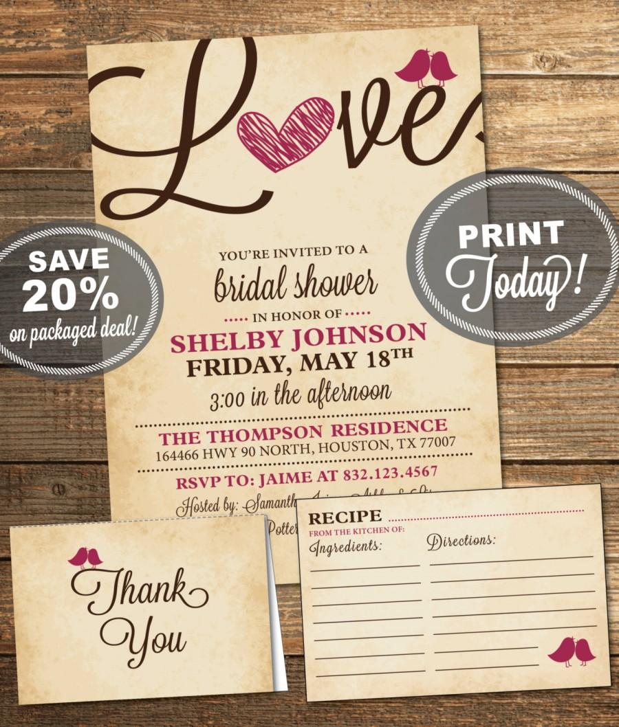 Wedding - Bridal Shower Package, Invitation, Recipe Card, Thank You Card, Merlot, Burgundy, Brown, Love, Birds, Printable File (INSTANT Download)