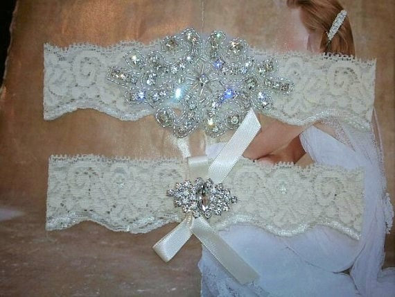 Wedding - SALE -Shop Best Seller - Bridal Garter Set - Crystal Rhinestone on a Ivory Lace - Style G2047