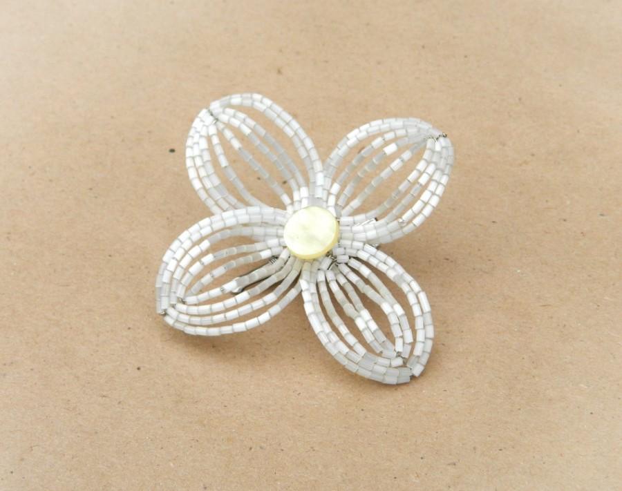 Wedding - Beaded Ivory Flower Hair Clip, White Flower Girl Hairpiece, French Beaded Flower