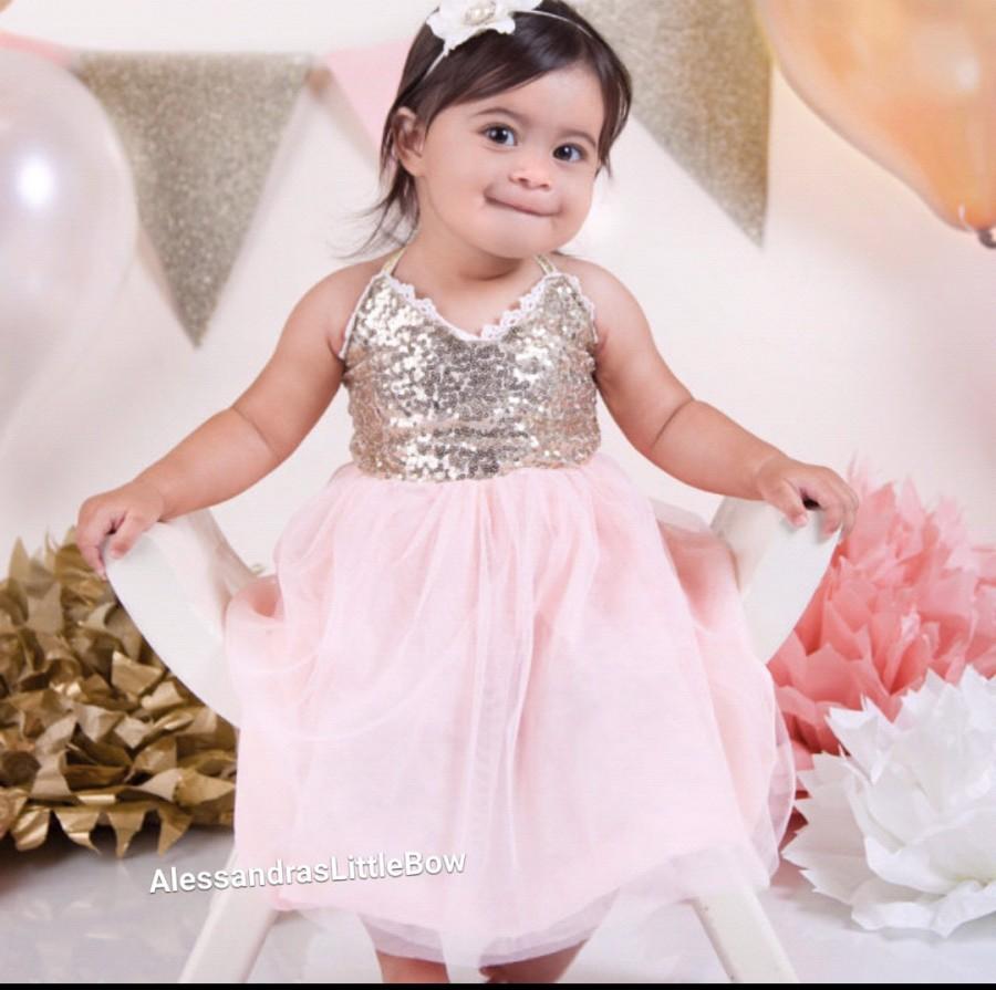 Mariage - pink and gold girls sequin dress toddler girls gold sparkle dress first birthday outfit flower girl dress sequin tutu dress girls dresses