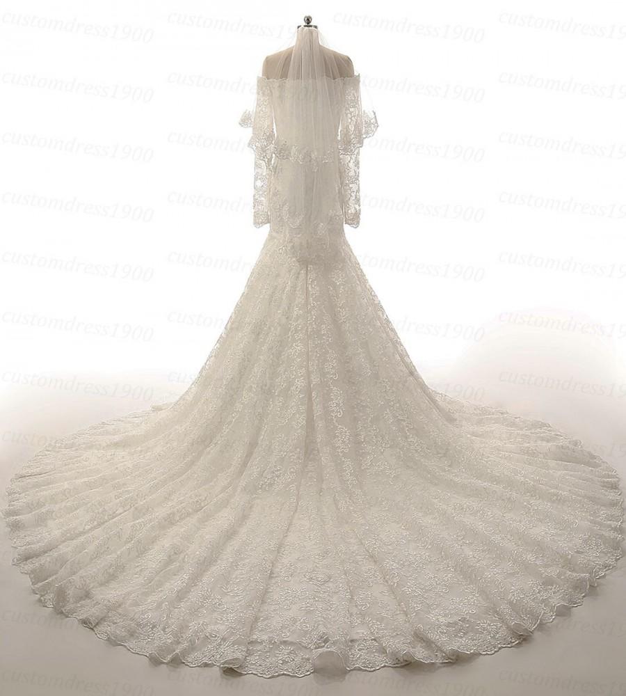 Свадьба - Elegant Lace Wedding Dress Long Sleeves Mermaid Bridal Gown Handmade Lace Wedding Gown With Sweep Train Sweetheart Lace Wedding Dresses