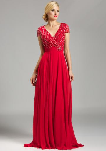 Mariage - Ruched V-neck Zipper Short Sleeves Red Sweep Train Chiffon